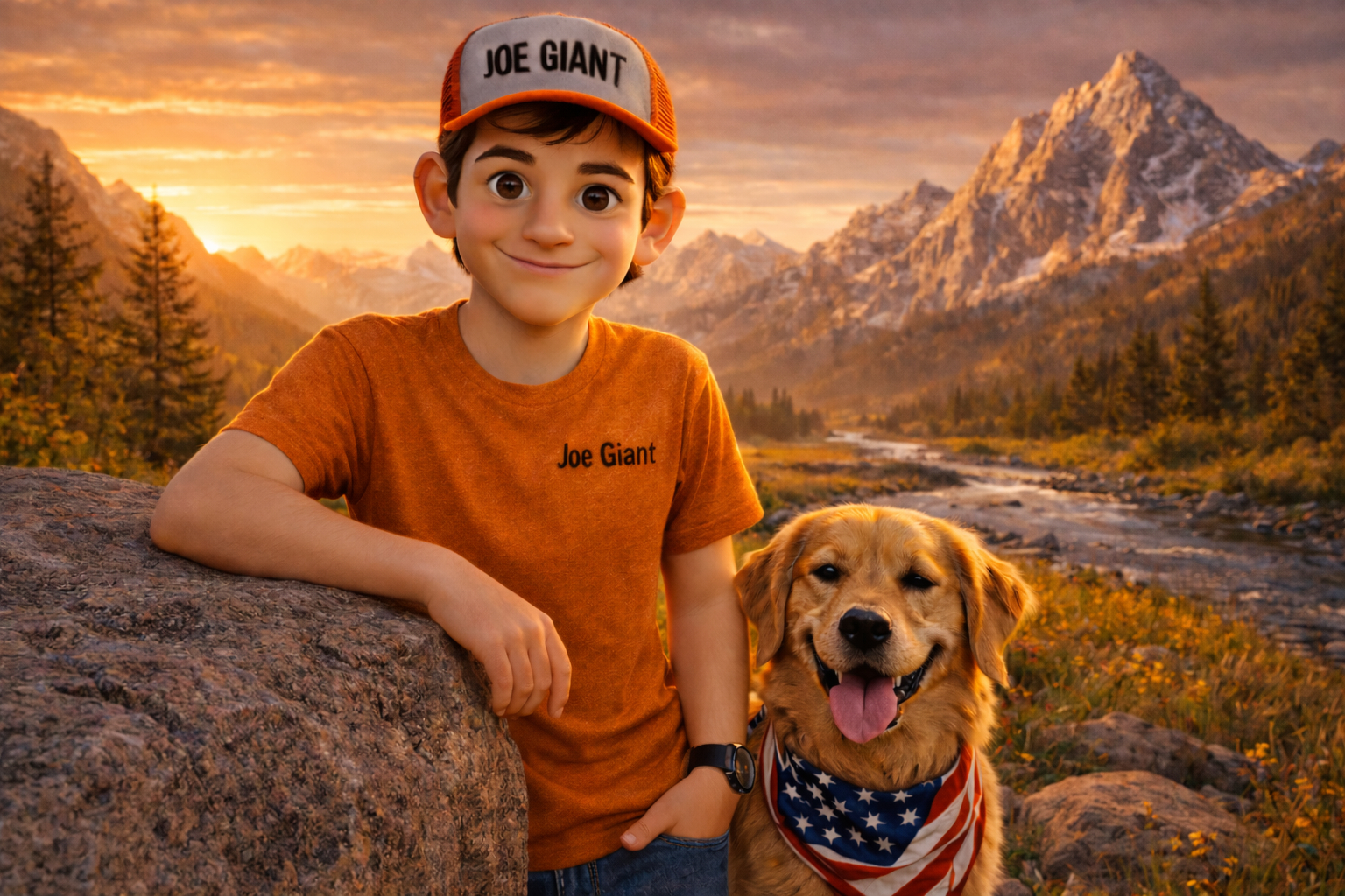 Joe Giant leaning against a granite boulder in a mountain meadow, his dog beside him