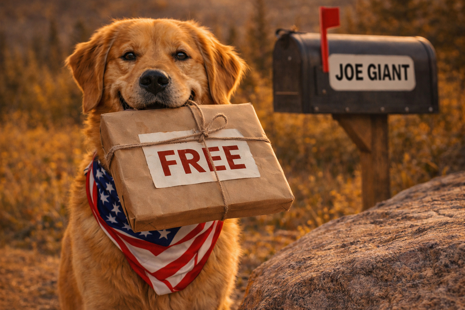 Joe Giant's dog sitting upright holding a letter in his mouth with a mailbox behind him