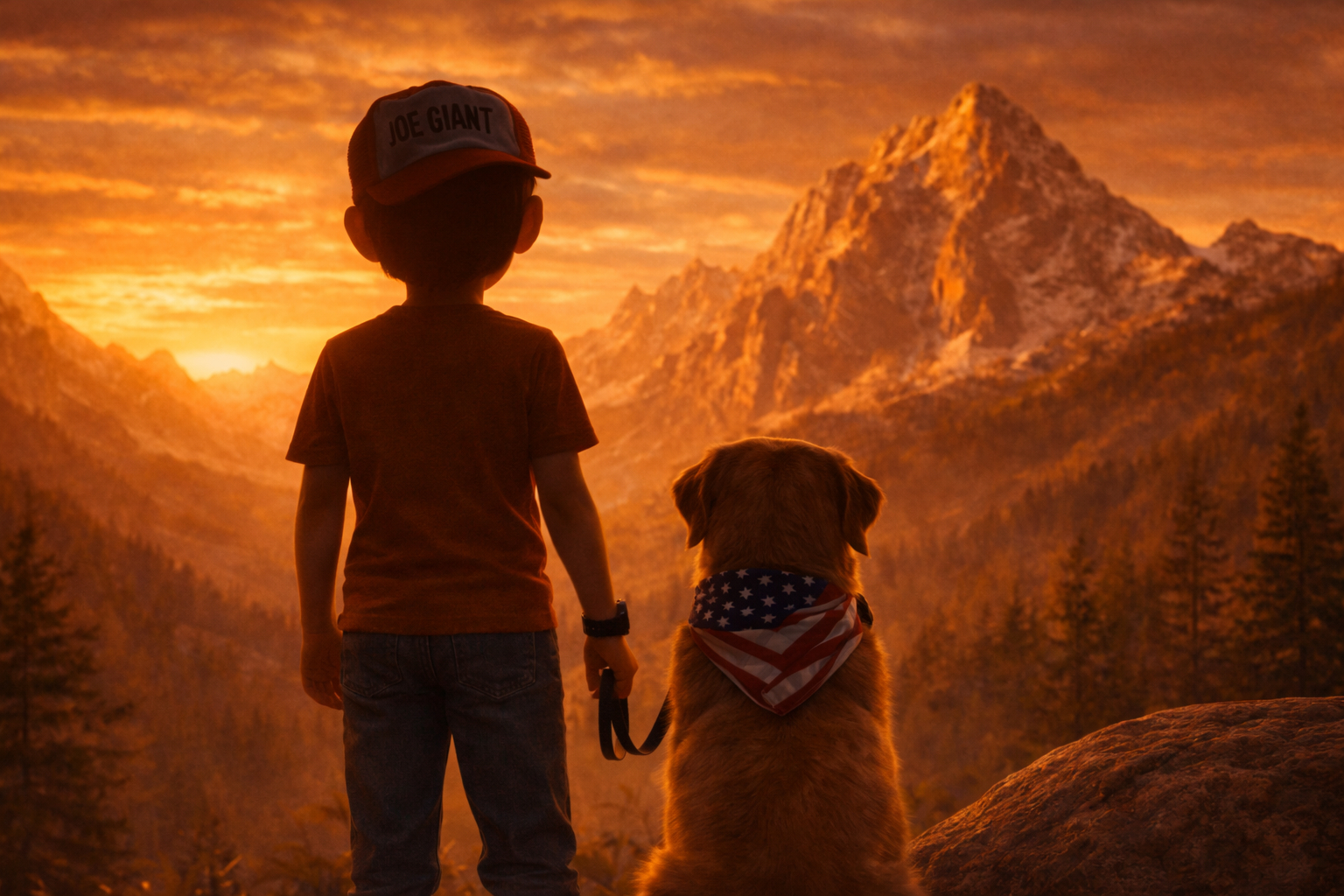 Joe Giant and his dog silhouetted against a mountain at sunset