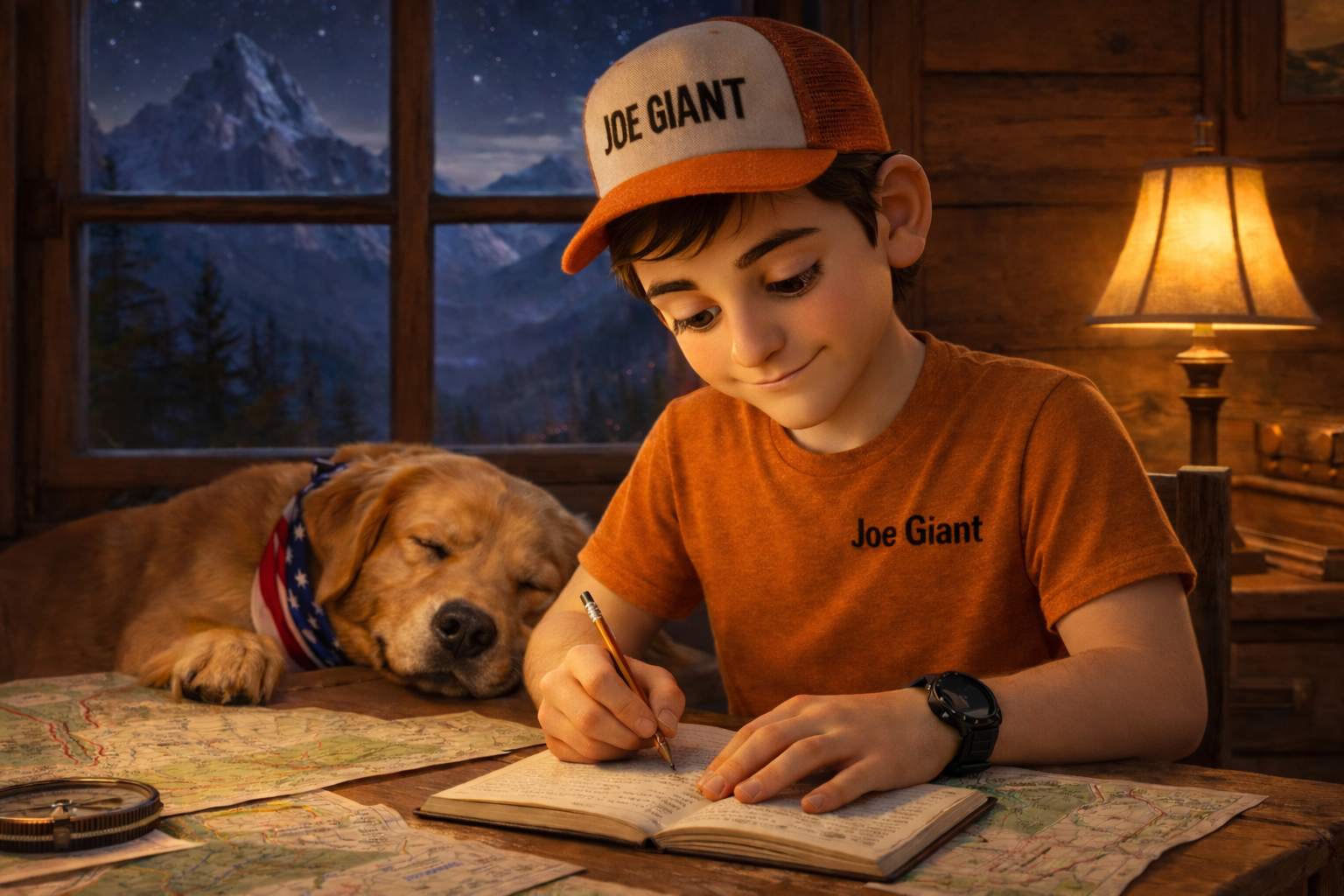 Joe Giant writing at his desk